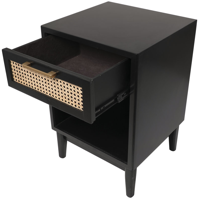 Table d'appoint à 1 tiroir et 1 tablette en bois Consuelo avec tiroir avant en canne et poignée dorée, Noir