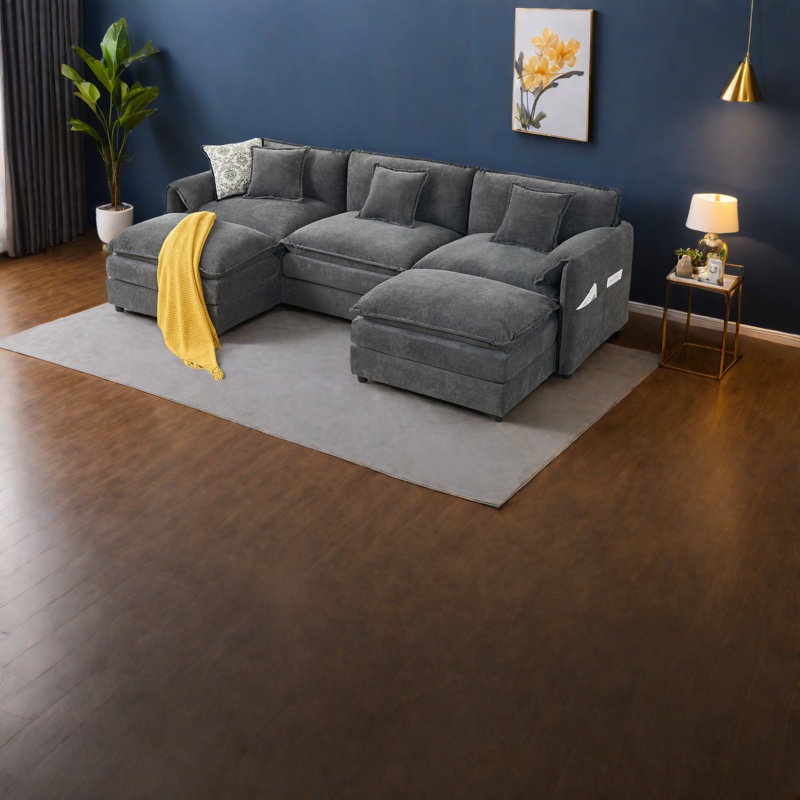 Canapé modulaire moderne en chenille gris, canapé en forme de U avec repose-pieds pour le salon