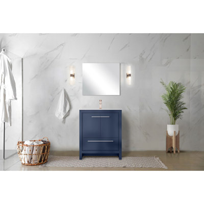 Meuble-lavabo bleu marine l 30 po x P 30 po avec comptoir en quartz blanc et robinet or rose - fermeture en douceur, taches et rayures, espace de rangement suffisant fourni