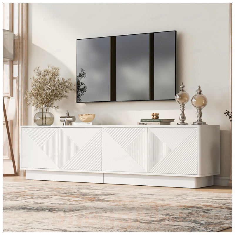 Élégante armoire à 4 portes avec tablettes réglables et accents DEL, idéale pour le rangement moderne et l'esthétique