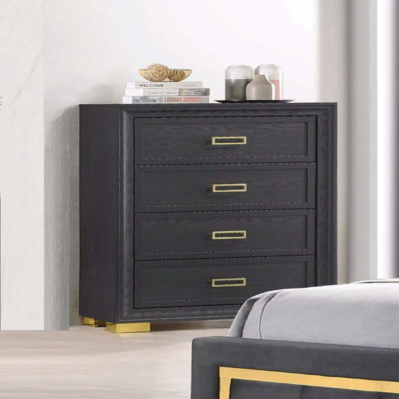 Commode à 4 tiroirs, mobilier de chambre à coucher 1 quincaillerie moderne de couleur dorée gris foncé avec finition dorée