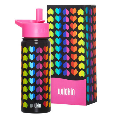 Wildkin Kids 18oz Stainless Steel Water Bottle – BPA-Free, Leakproof, Insulated, Easy-Clean - Rainbow Hearts 