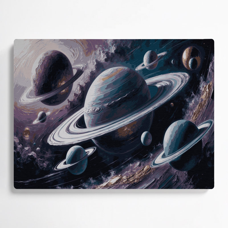 Art mural en métal gris avec planètes de science-fiction, H 24 po x l 36 po