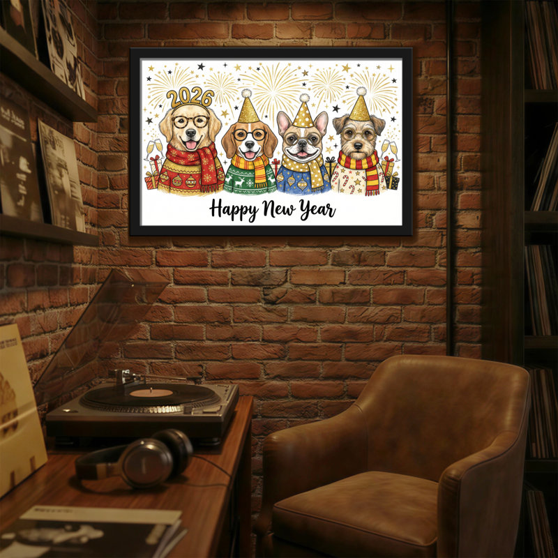 Animaux, quatre chiens en chandails et chapeaux des Fêtes, H 12 po x l 18 po