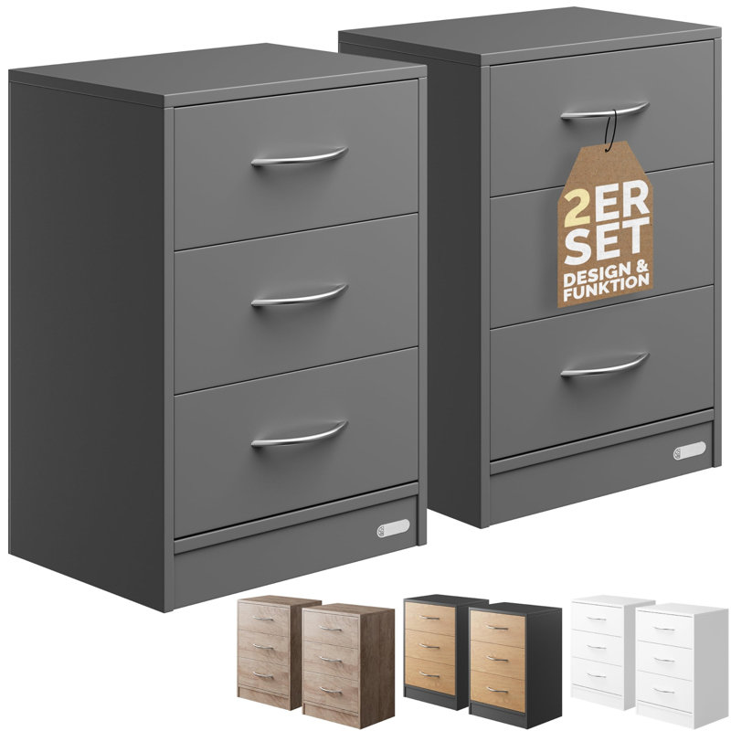 2X Bedside Table With 3 Drawers, Gray