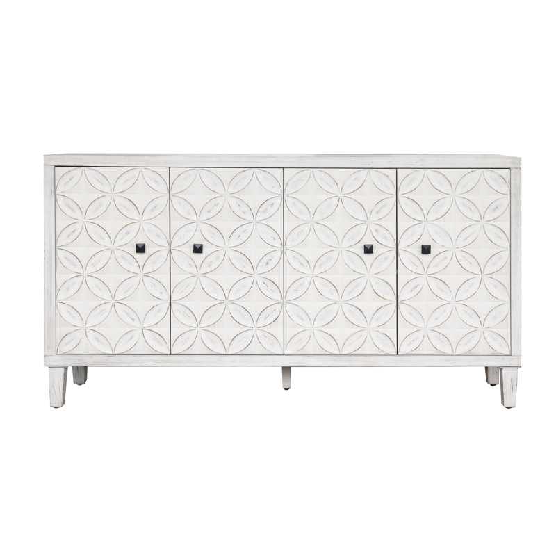 Buffet décoratif 4 portes en bois avec armoire décorative blanc délavé pour plusieurs espaces tels que le salon, l'entrée, le couloir, le bureau, la cuisine et la salle à manger. Tablettes réglables. Stable. Facile