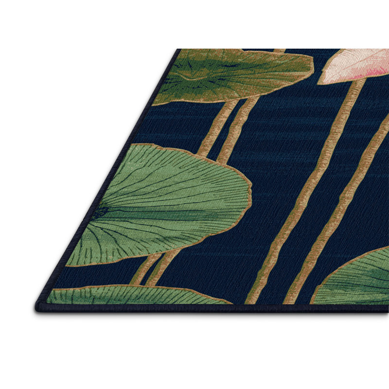 Tapis bleu botanique lavable à la machine, Rond 5 pi