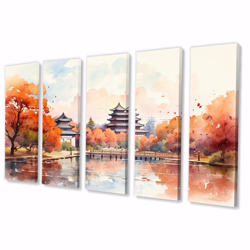 «China China Autumn Serenity - China Art», art mural 5 pièces pour le salon, H 32 po x l 80 po