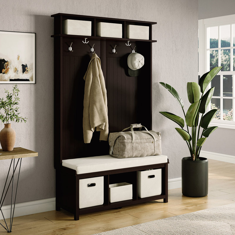 Espresso Solid Wood Hall Tree with Storage Bench and Hooks