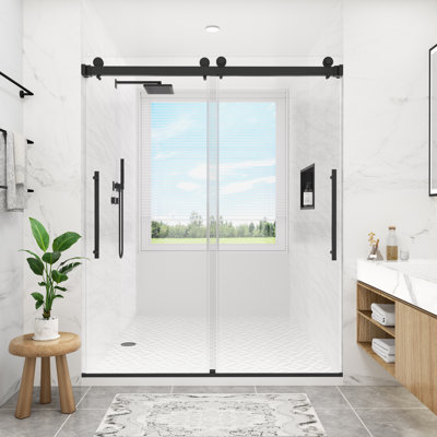 44" - 48" W x 76" H Frameless Double Sliding Shower Door, 5/16" (8mm) Clear Tempered Glass, Matte Black
