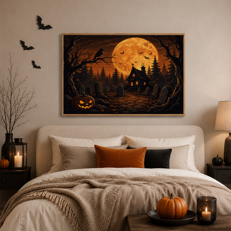 Art mural orange sur toile orange, clair de lune et maison hantée, H 24 po x l 36 po