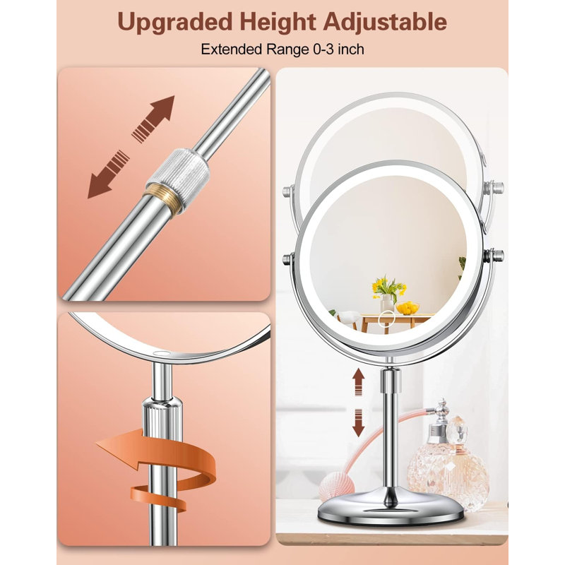 Miroir de maquillage lumineux avec grossissement 10X et 3 lumières de couleur, luminosité et hauteur réglables, miroir de coiffeuse à maquillage à grossissement pivotant à 360 ° 7 pouces avec éclairage (argent)