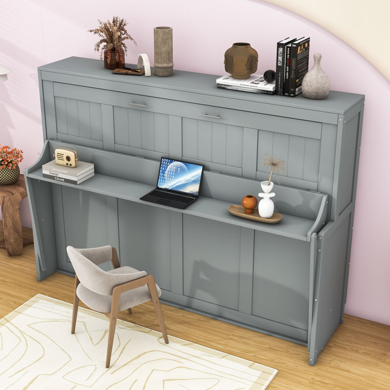 Wakefield Wall Murphy Bed with Integrated Desk, Gray, Full