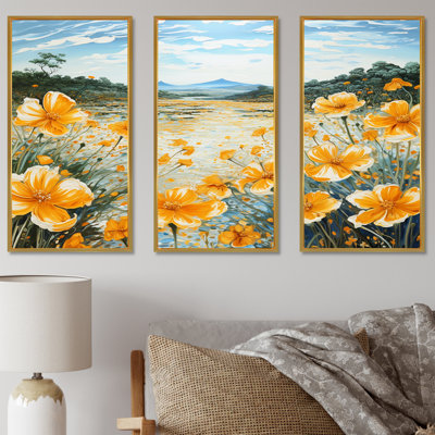 Yellow Marigold Liquid Art Flower Field - Flower Field Wall Art Living Room Set