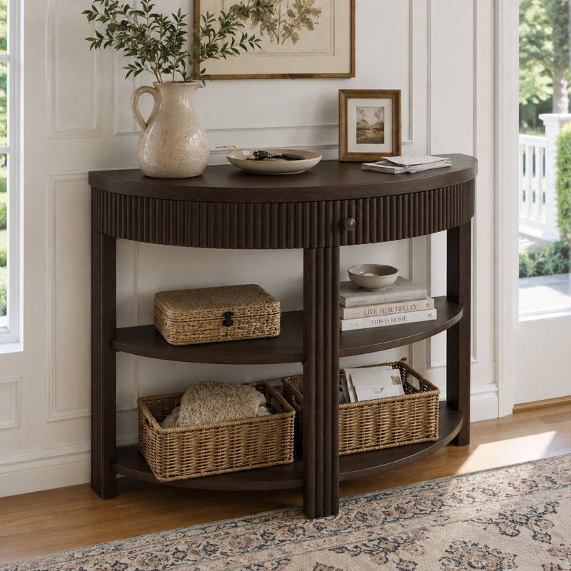 Console demi-lune cannelée de style transitionnel moderne avec tiroir incurvé et 2 tablettes ouvertes pour entrée, salon et couloir.