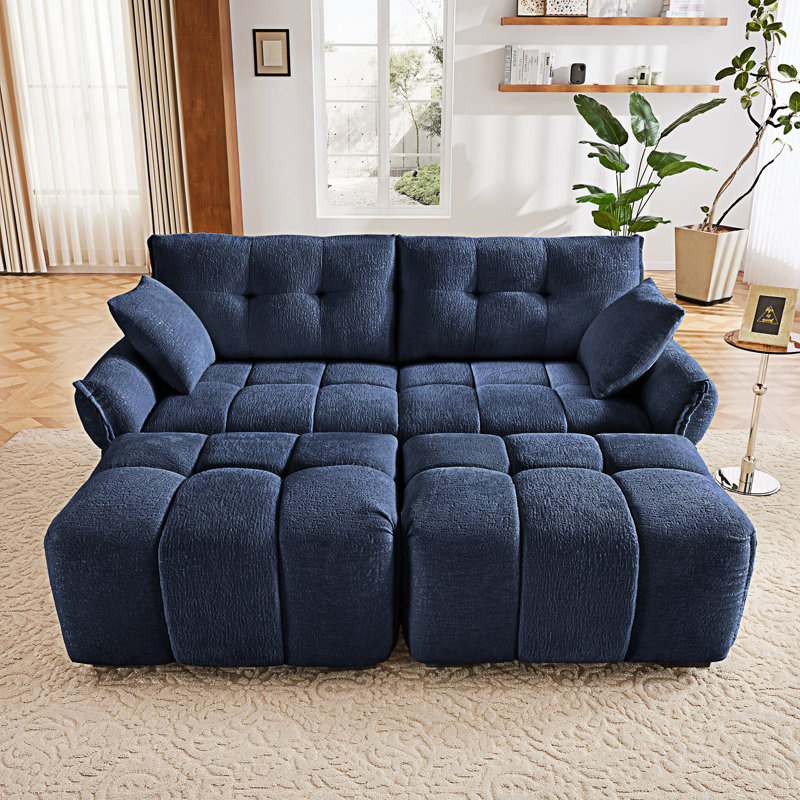 Canapé 2 places avec 2 repose-pieds et coussins décoratifs, Bleu