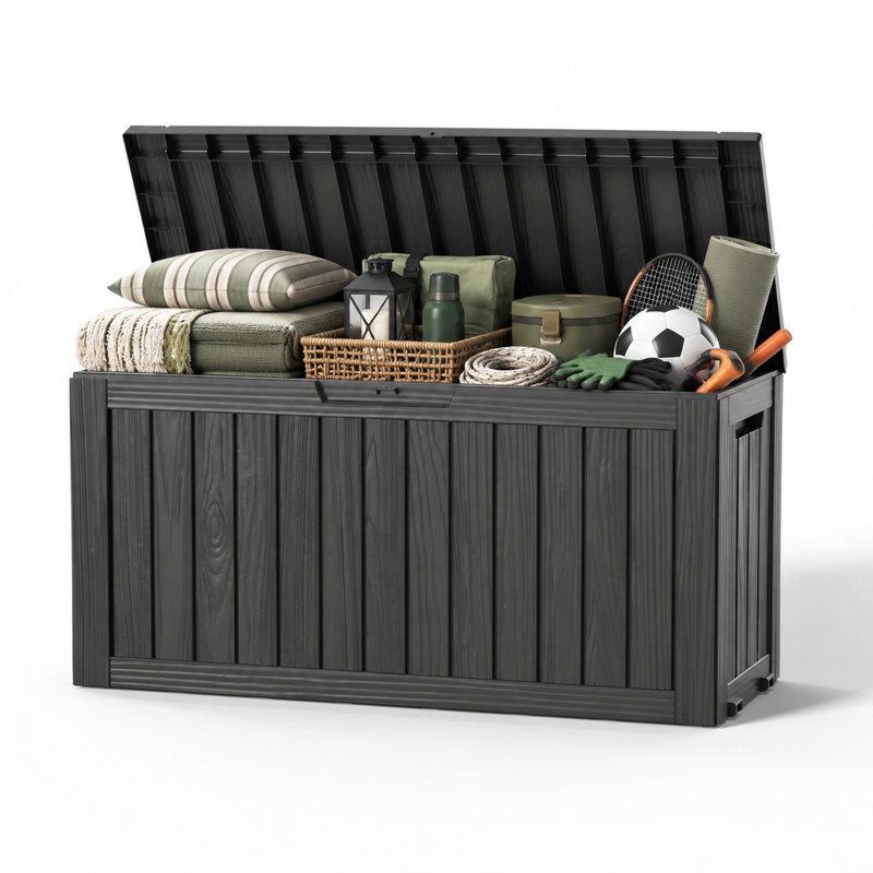 Emperic Design 90 Gallon Resin Outdoor Deck Box with Wheels, Waterproof Patio Storage Container for Cushions, Garden Tools, Pool Toys & Camping Gear