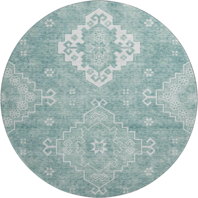Tapis turquoise Prisco lavable à la machine de qualité supérieure, Rond 8 pi