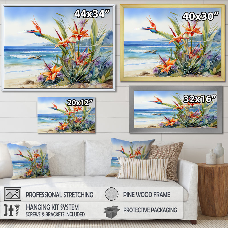 Oiseaux de paradis sur la plage - Oiseaux de paradis, art mural encadré, Toile tendue, H 24 po x l 32 po x P 1 po