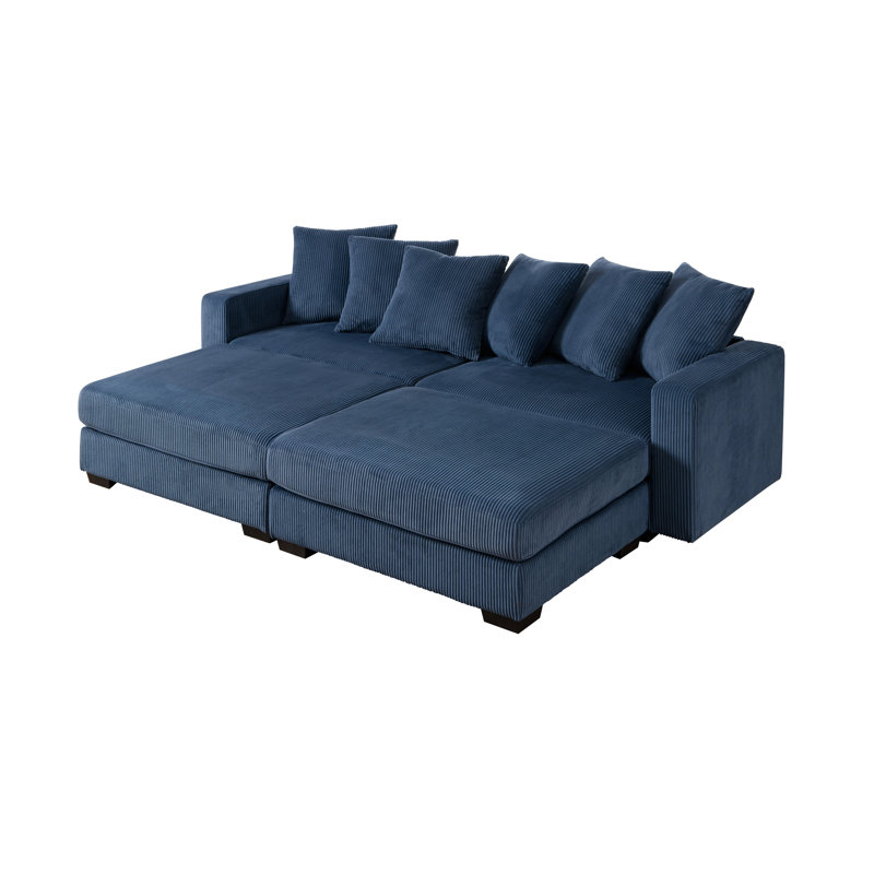 Canapé-lit en velours côtelé l 101 po avec 2 repose-pieds, Bleu