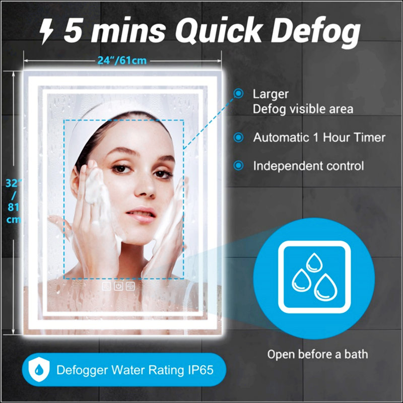Miroir de salle de bain à DEL avec éclairage avant et arrière, désembuage et à intensité variable