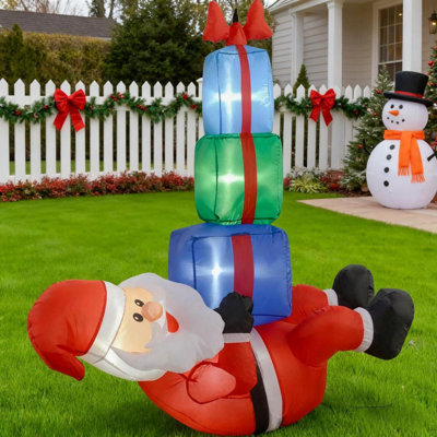 Décoration de Noël gonflable Père Noël suspendu sous trois boîtes-cadeaux, présentoir extérieur pour les Fêtes