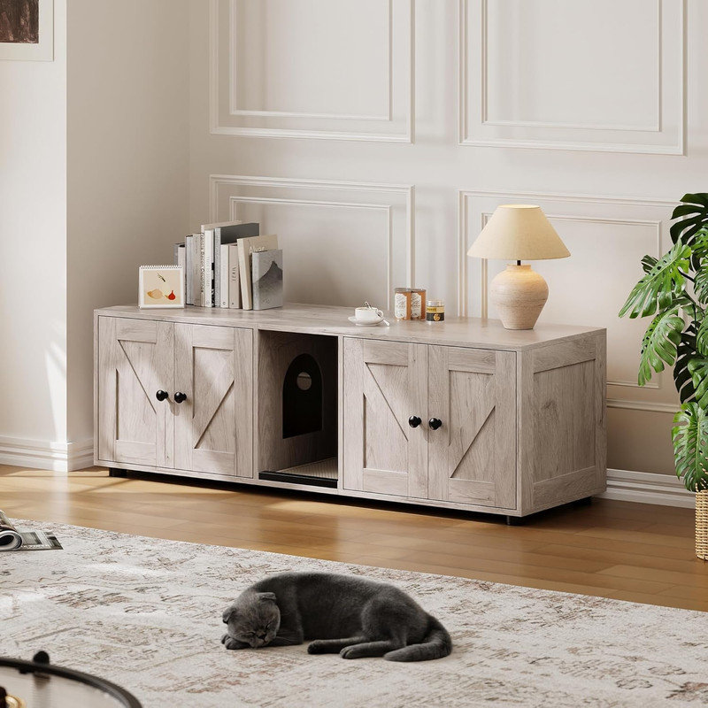 Enceinte de litière pour chat pour 2 chats - Meuble double caché, chatière d'intérieur, bac à litière multi-chats 43,4 po avec intimité et rangement