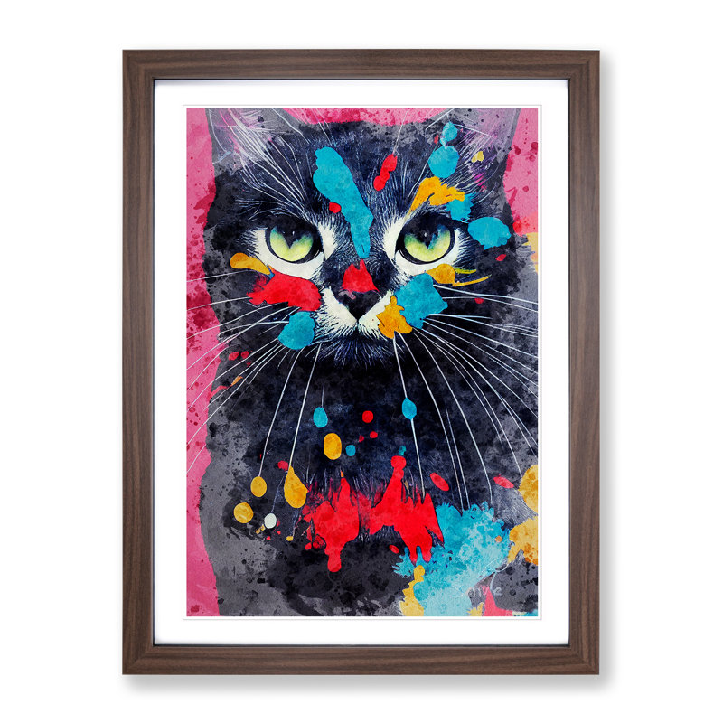 Catt Paint Splash No.2 - Wall Art, 66cm H x 48cm W x 2cm D, Walnut Framed, White