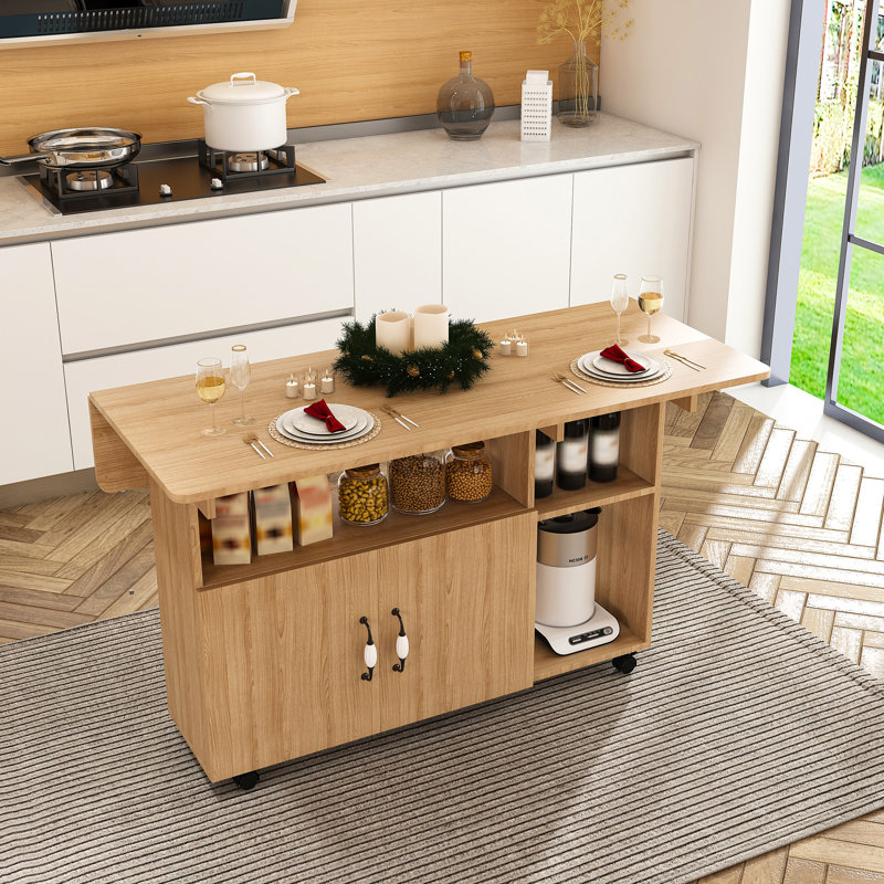 27.5" Wide Drop Leaf Folding Dining Table With Storage Shelves And Locking Wheels, Medium Wood, Manufactured Wood