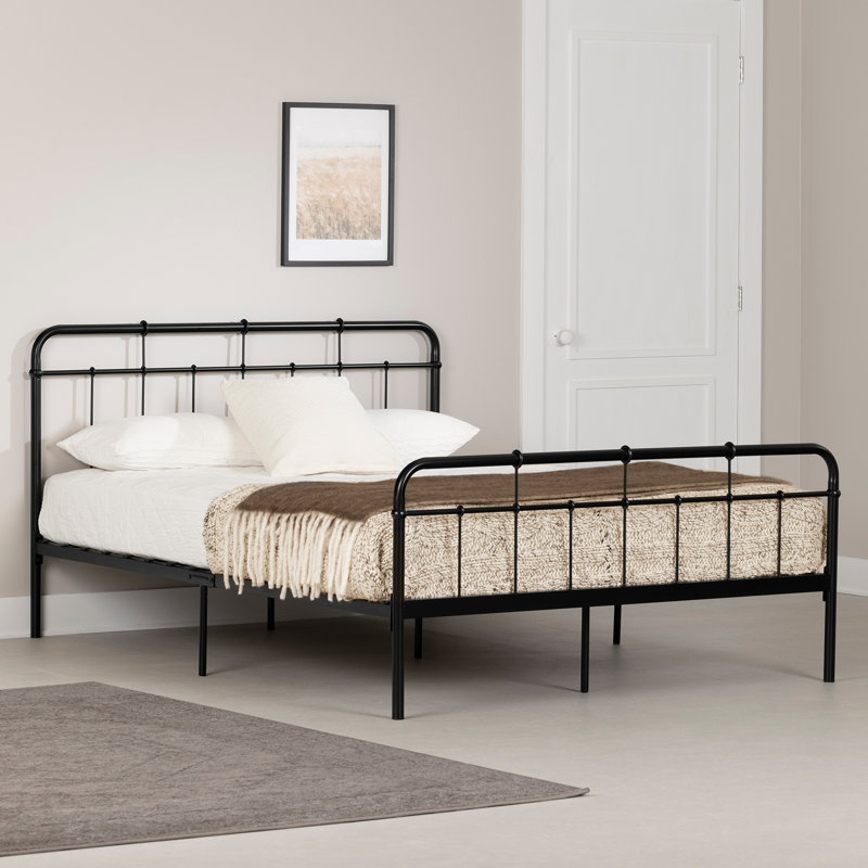 Queen Black Metal Frame Bed with Headboard and Slats