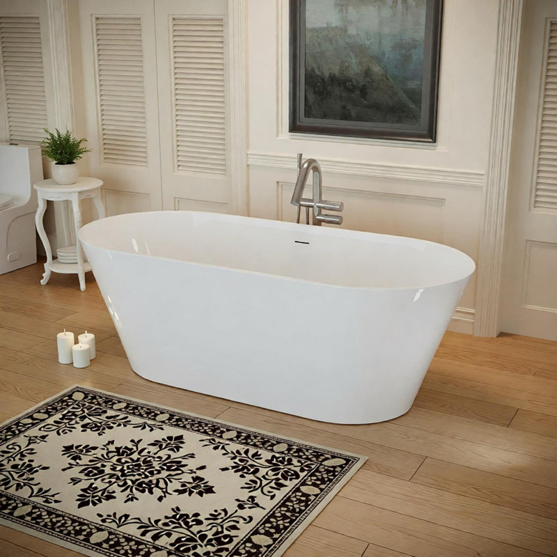 59'' Freestanding Gloss White Acrylic Soaking Bathtub With Toe-tap Chrome Drain And Classic Slotted Overflow