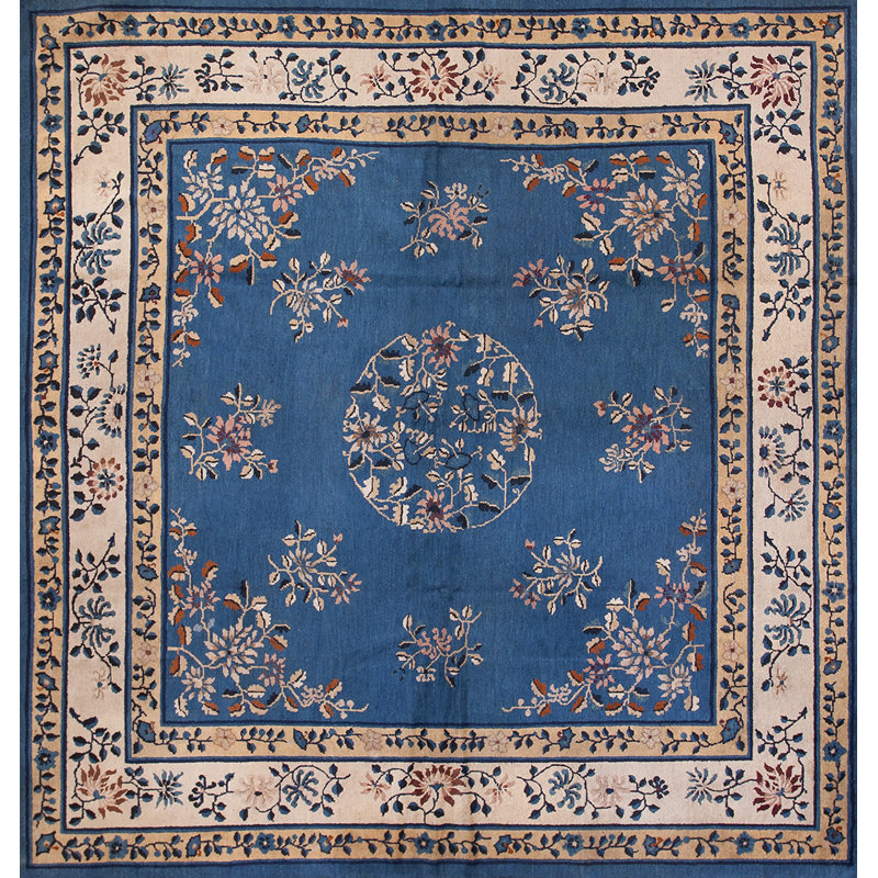 Blue Color Square Shape Antique Floral Medallion Hand Knotted Chinese Peking Rug