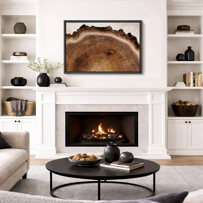 Œuvre d'anneau en bois naturel, tronc d'arbre rustique, photos de salon, impression sur toile encadrée, Cadre noir