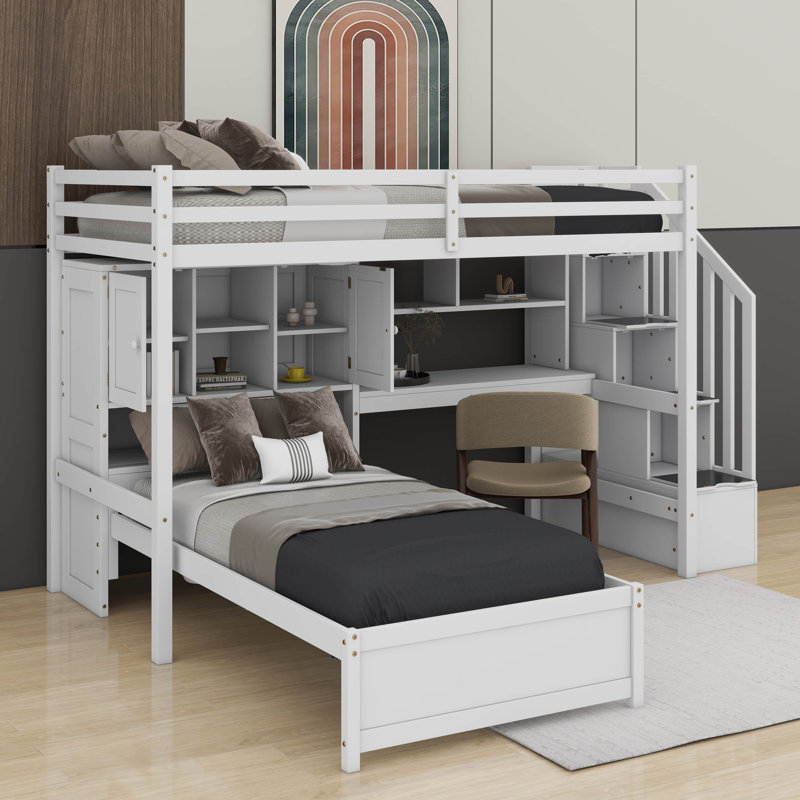 Lit mezzanine simple au-dessus de simple avec bureau intégré, escalier, compartiments de rangement et tablettes, Blanc