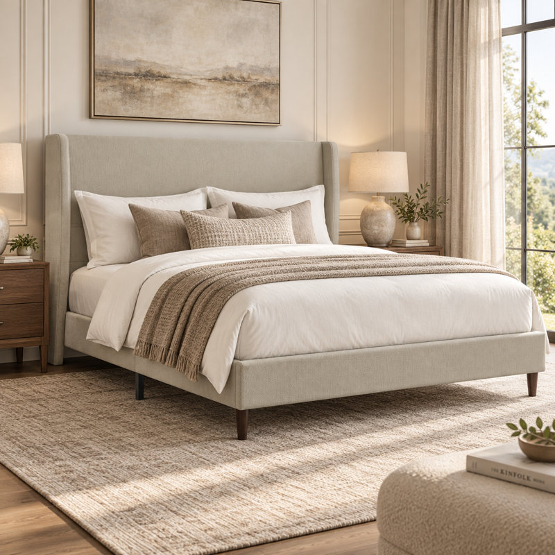 Lit plateforme tapissier en chenille ivoire Charlotte avec tête haute et pieds en bois massif, King, Beige