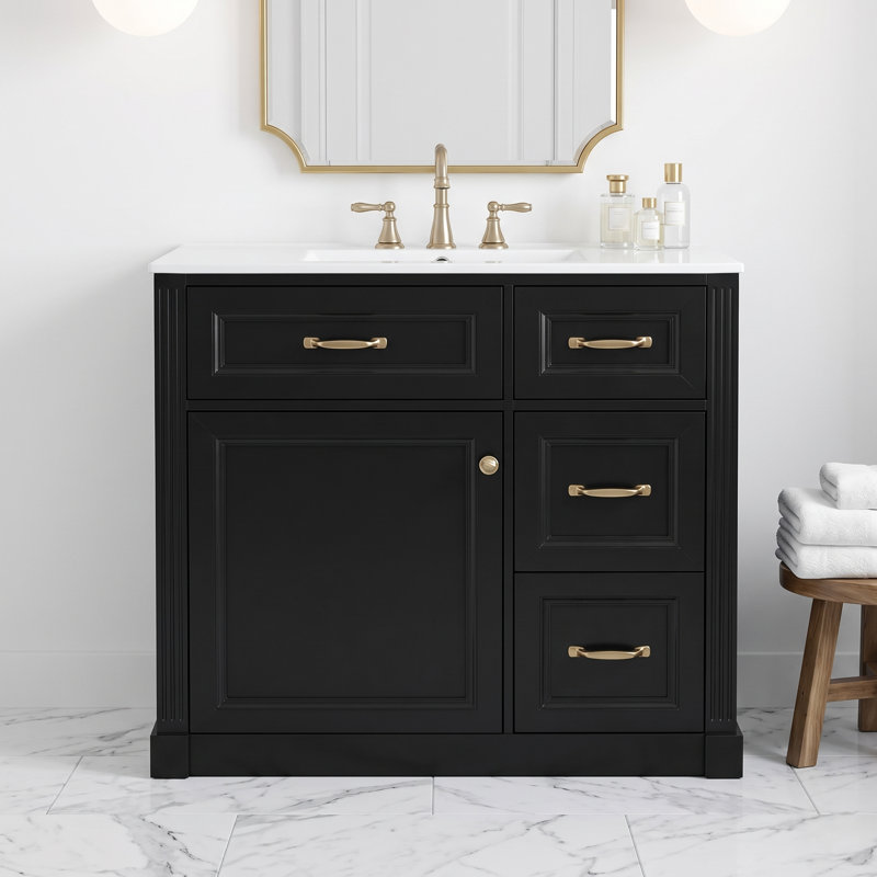 Meuble-lavabo autoportant de 91 cm (36 po) avec lavabo simple, noir, comptoir en céramique et porte d'armoire à fermeture amortie.