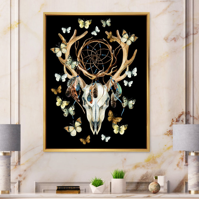 Crâne de cerf avec papillons - reproduction d'art sur toile traditionnelle, H 32 po x l 16 po x P 1 po