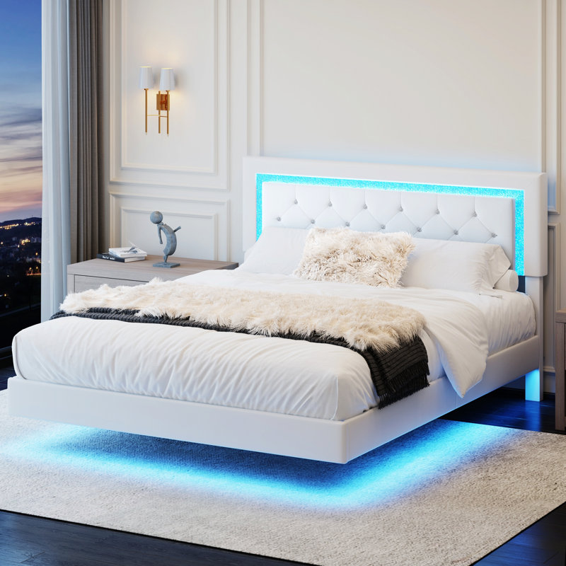 Bed Frame With Headboard, Floating Bed Frame With LED Lights, Upholstered Platform Bed With Tufted Headboard, Beige
