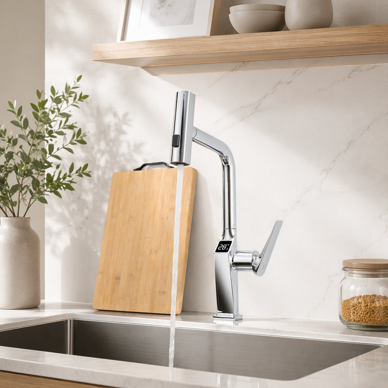 Robinet de cuisine chromé sans contact avec affichage DEL, capteur de mouvement et douchette extractible à 3 fonctions pour un confort moderne.