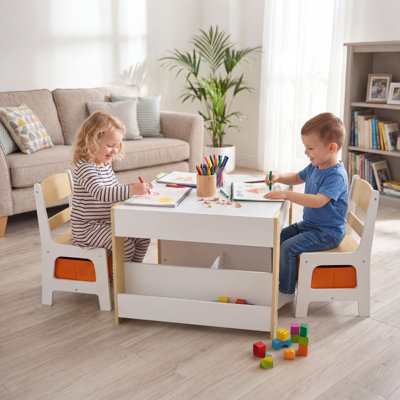 Kids Wood Table & 2 Chairs Set, 4 in 1 Children Activity Table w/Double Bookcase, Blackboard, Toddler Furniture Set