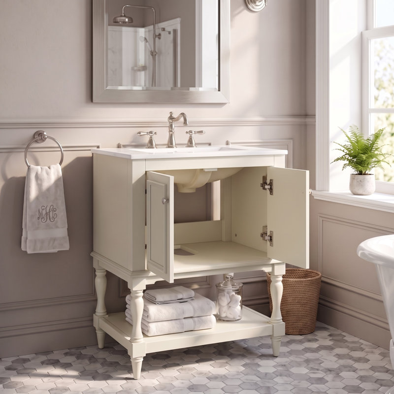 Meuble-lavabo autoportant en bois massif de 24 po + panneau de fibres à densité moyenne avec plateau ouvert et rangement fermé beige