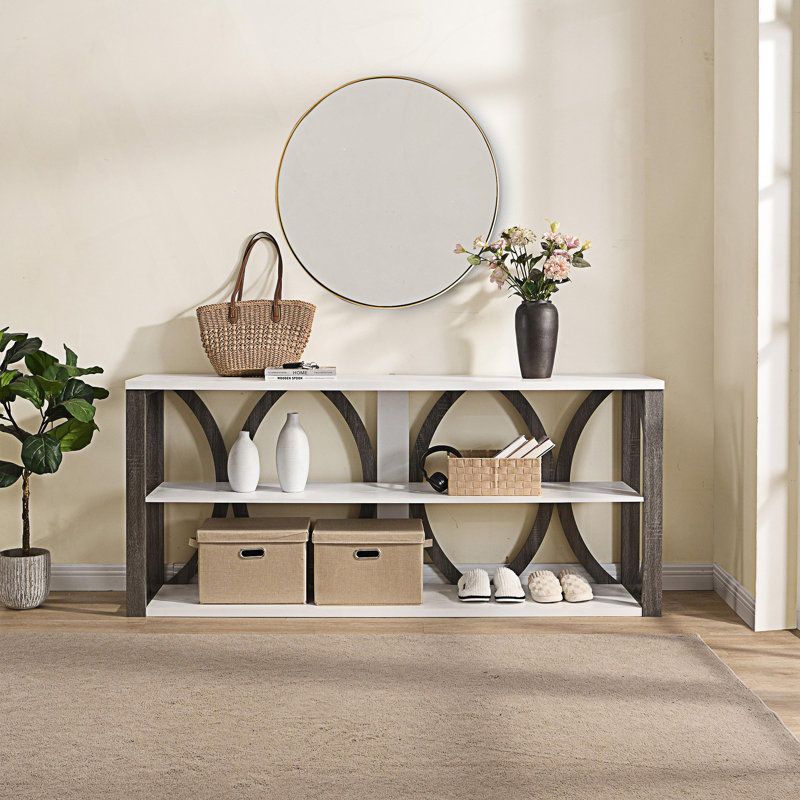 Console industrielle moderne à 3 niveaux, table d'entrée étroite, table longue avec rangement, Blanc, Gris
