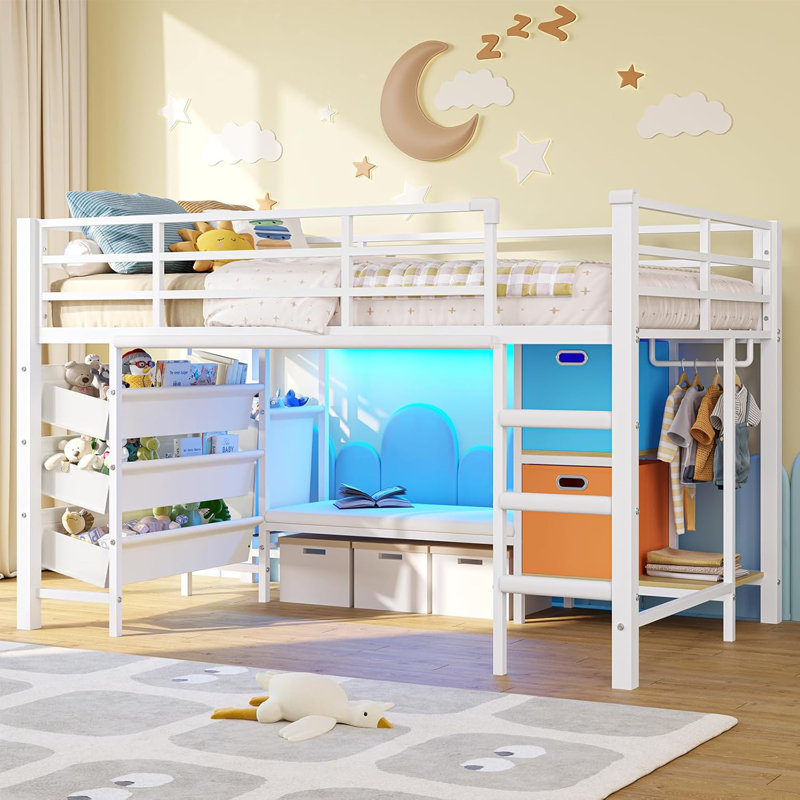 Twin Size Low Loft Bed with Reading Nook & RGB LED Lights, Metal Kids Bed Frame with Storage Drawers, Bookshelf & Full Safety Guardrail, No Box Spring Needed