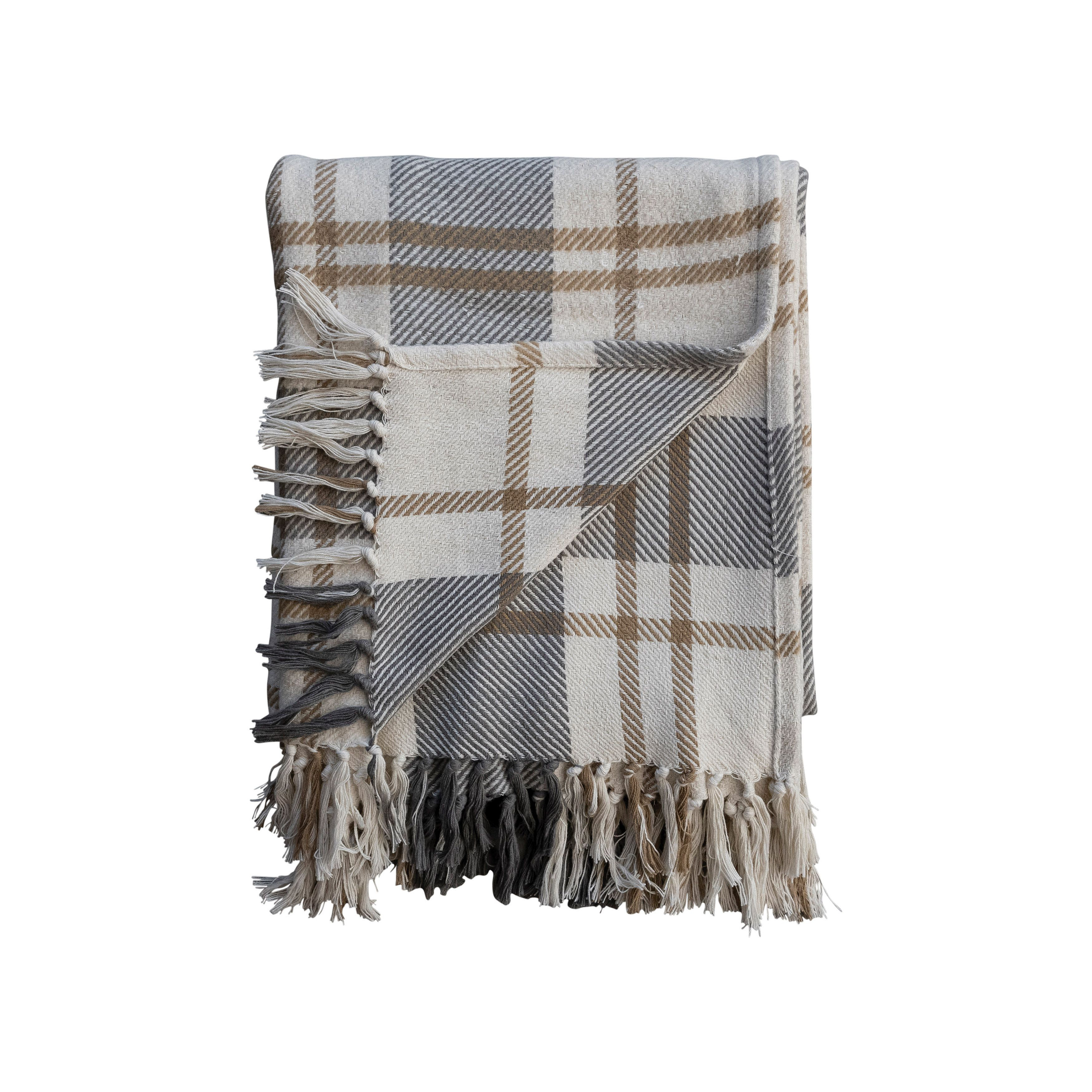 Creative Co-op Woven Plaid Cotton Blend Throw with Knots & Fringe