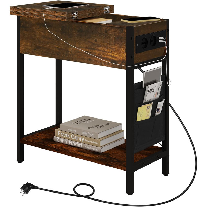 Khenifra End Table with Built-In Outlets, Brown Wood