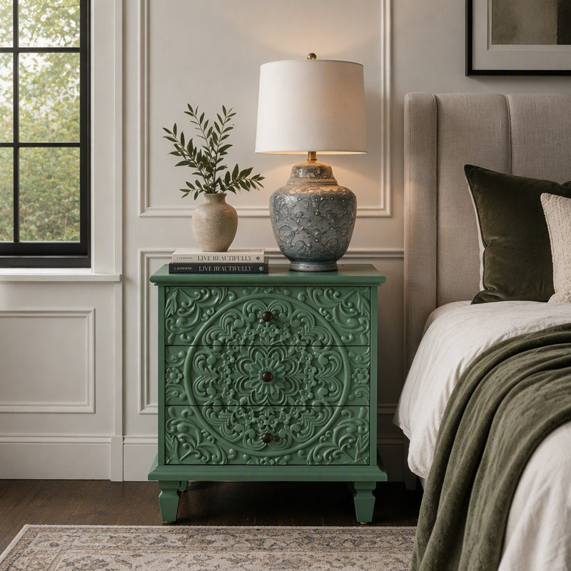 Table de chevet en bois sculpté avec 3 tiroirs, commode décorative en relief à volutes rétro, table de bout d'armoire de rangement pour le salon de la chambre à coucher