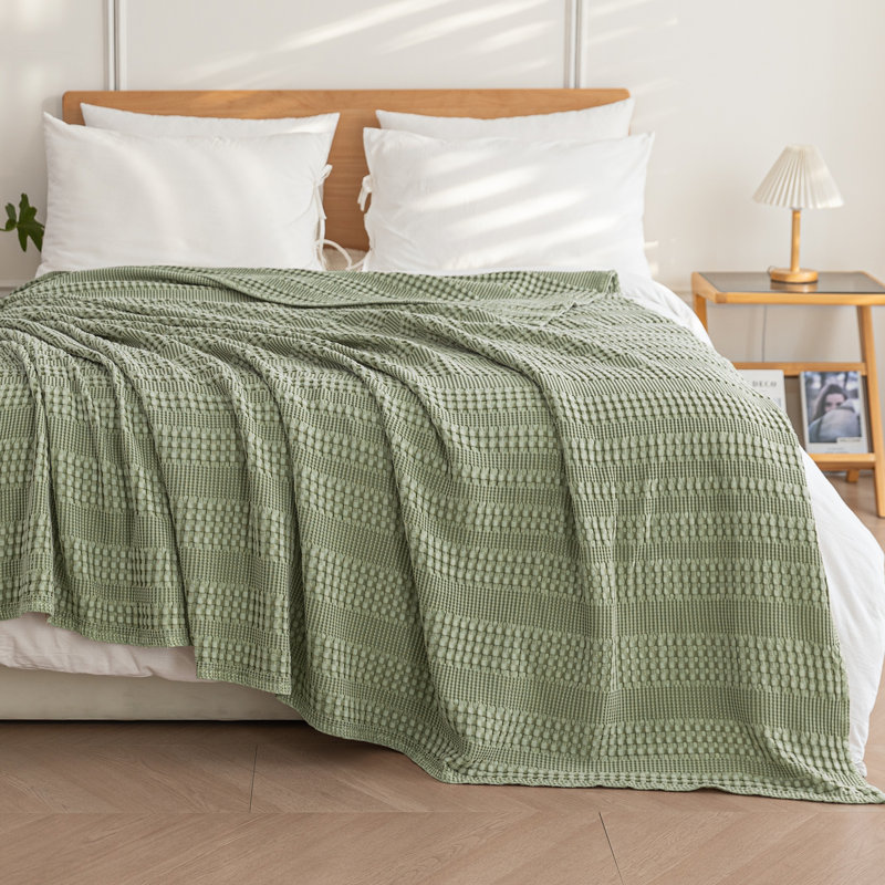 Jeté de lit en coton et viscose tissés gaufrés, Grand lit, Sauge