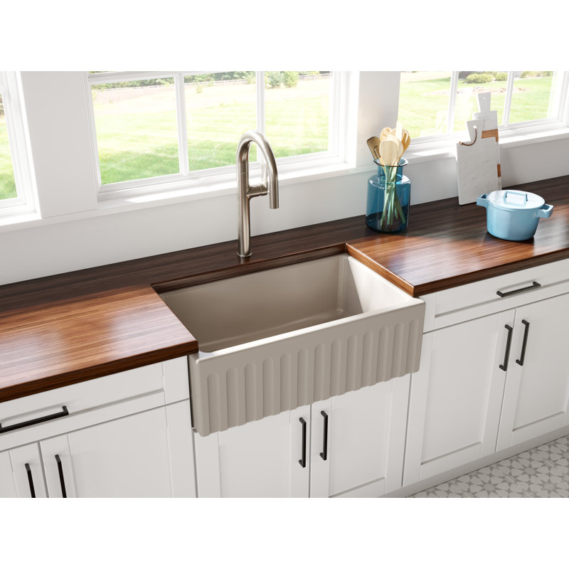 30'' L Single Bowl Fireclay Kitchen Sink, Silver Flax