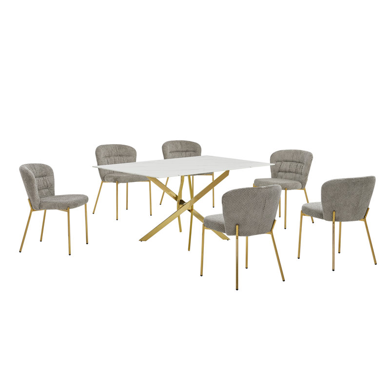 Ensemble de salle à manger rectangulaire en verre avec revêtement en marbre blanc avec chaises moelleuses, Gris
