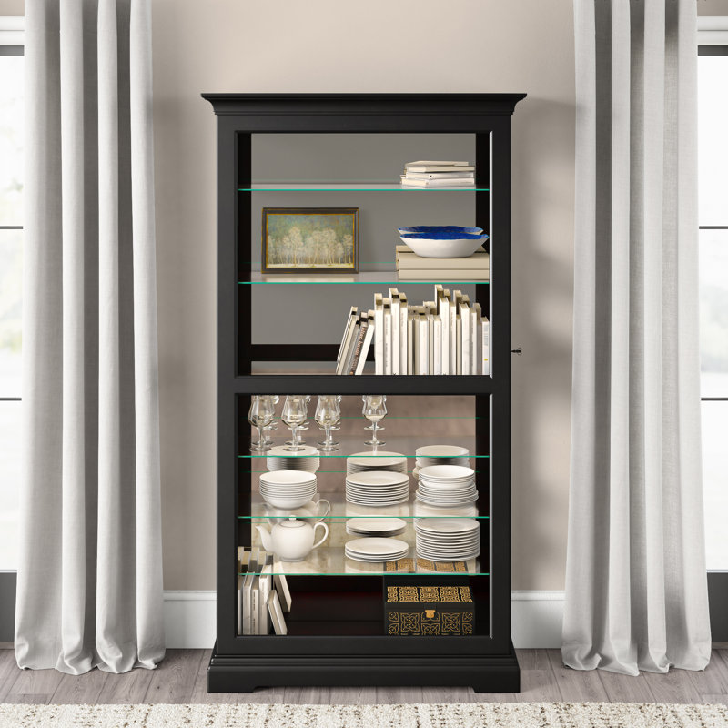Tyler II Wide Curio Cabinet, Black Satin Finish, Sliding Beveled Glass Door, 6 Adjustable Shelves